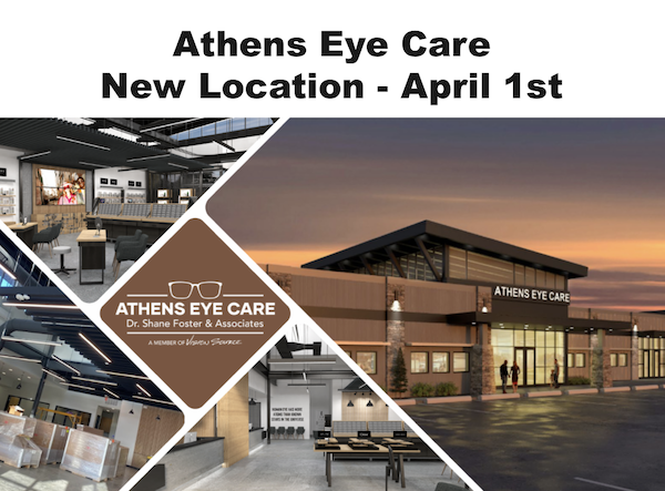 The Text: Athens Eye Care - New Location on April 1st Above new location architectural renderings